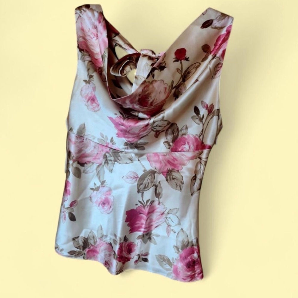 Pink/creme/champagne floral silk cowl neck vintage top